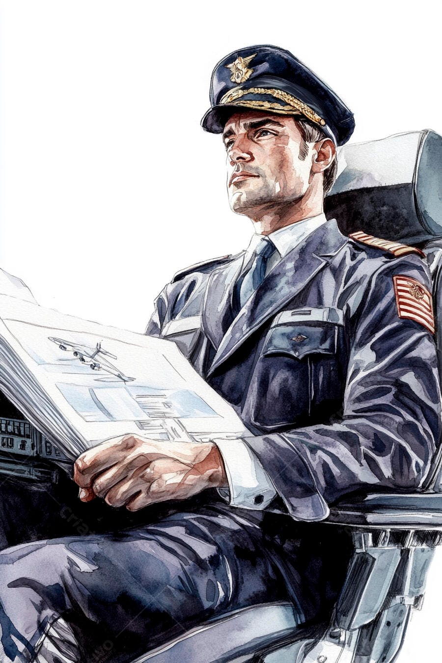 Homem piloto caucasiano de uniforme azul lendo plano de voo em aquarela