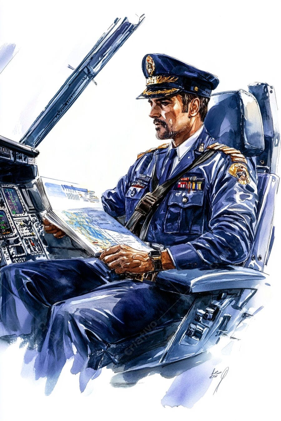 Piloto de avião caucasiano lendo mapa de voo em cockpit azul