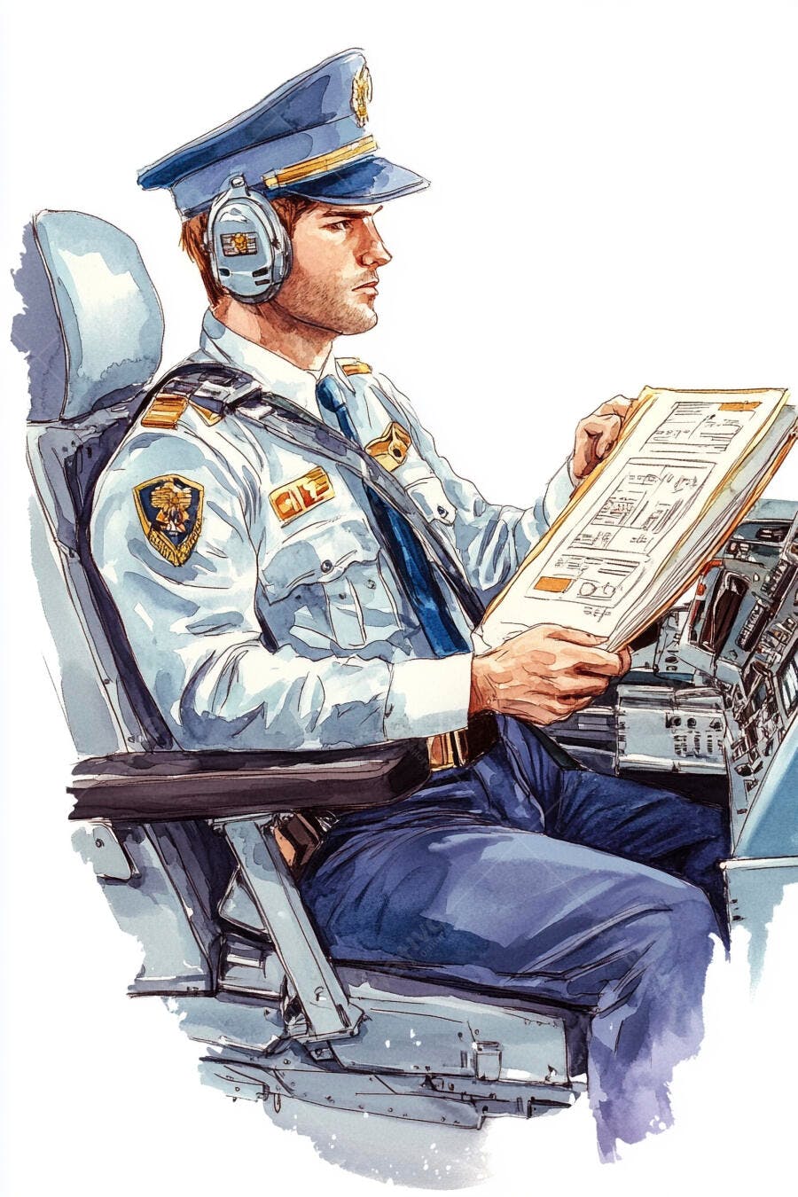 Piloto caucasiano de uniforme azul lendo documentos na cabine de avião