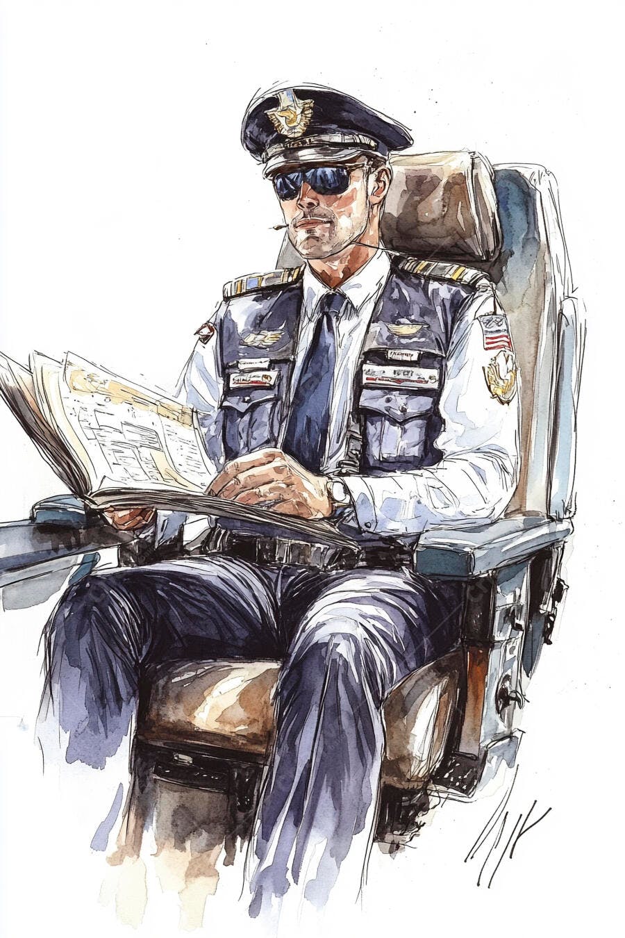 Piloto masculino caucasiano lendo jornal em assento de avião aquarela