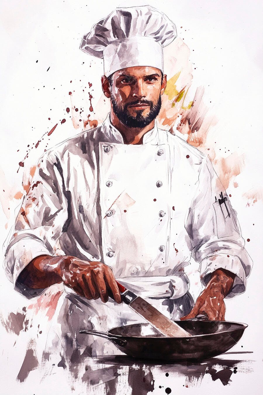 Chef homem barbudo vestindo branco com faca e frigideira ilustração aquarela