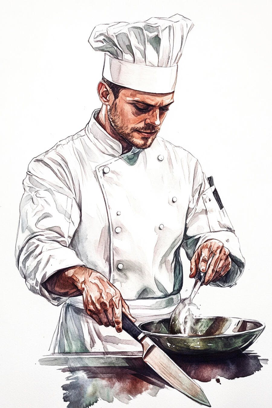 Chef de cozinha homem barbudo de uniforme branco cozinhando em frigideira aquarela