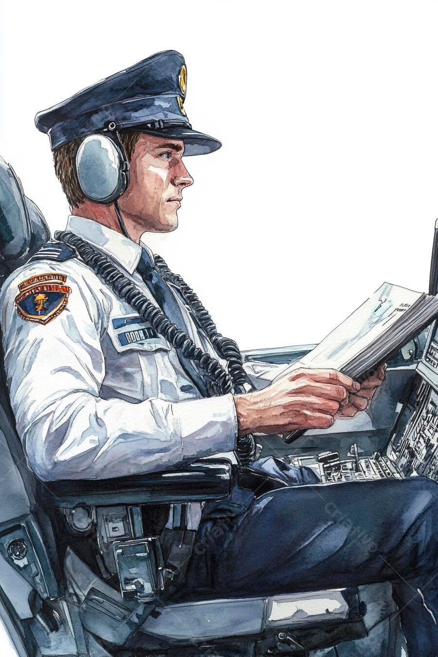 Piloto caucasiano atento lendo manual com fone de ouvido em cabine azul escura