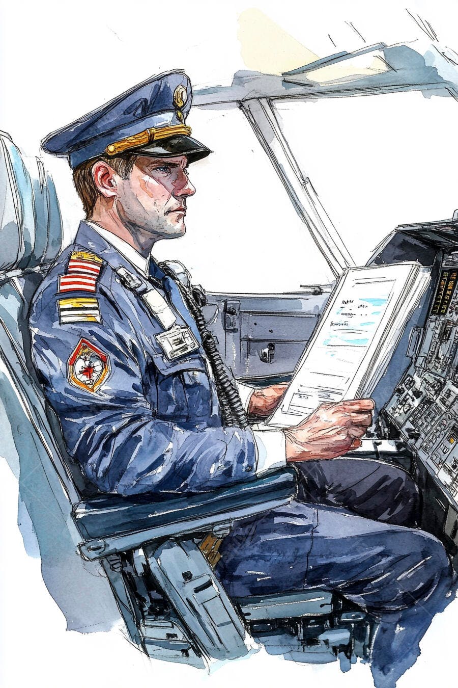 Piloto homem caucasiano em uniforme azul lendo documentos na cabine do avião