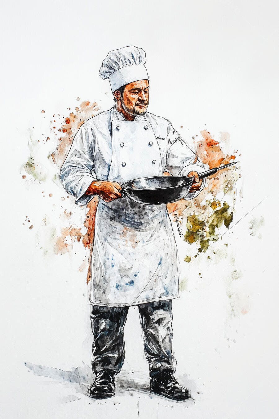 Chef masculino profissional segurando frigideira com respingos artísticos aquarela