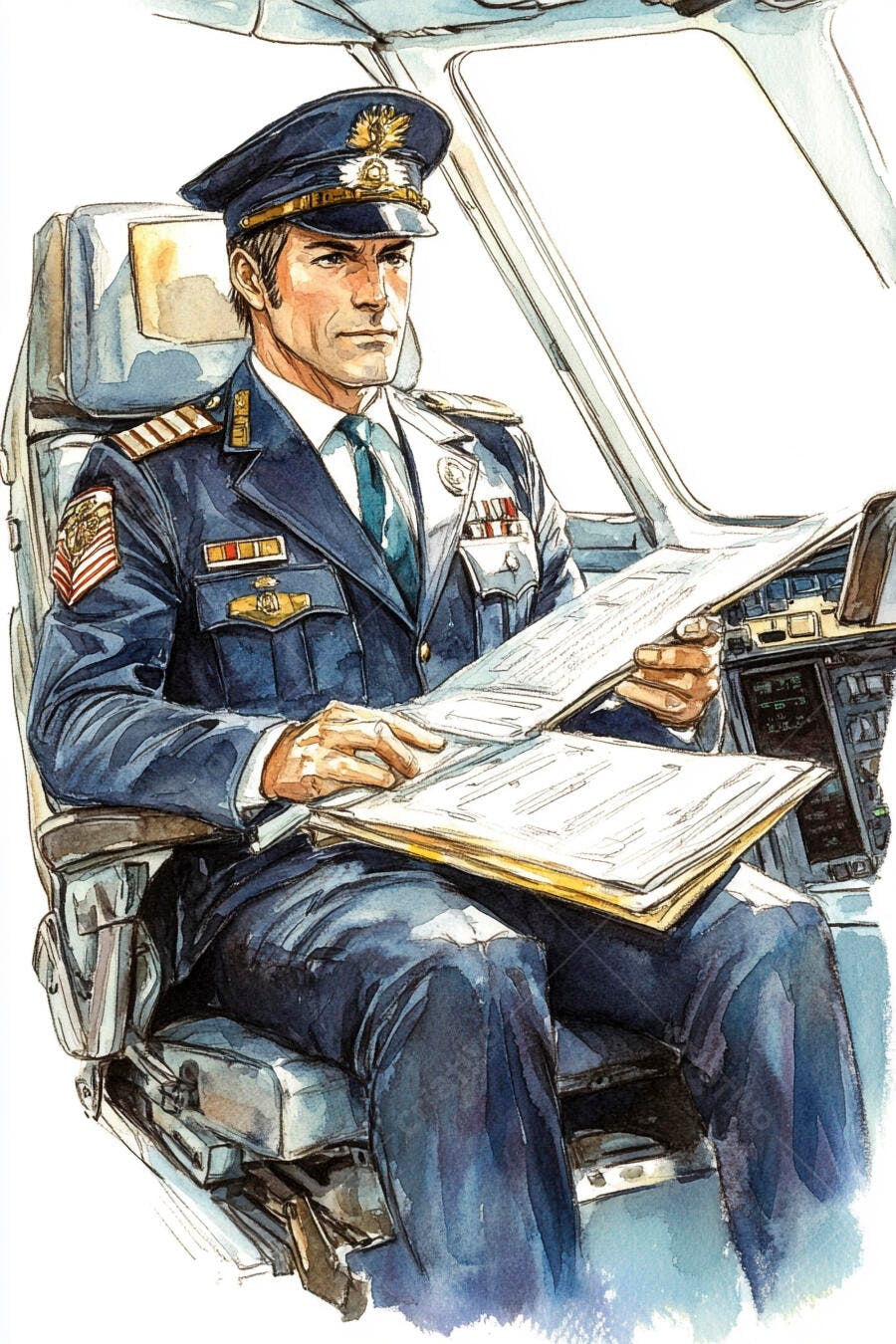 Piloto de avião em uniforme azul lendo documentos na cabine aquarela