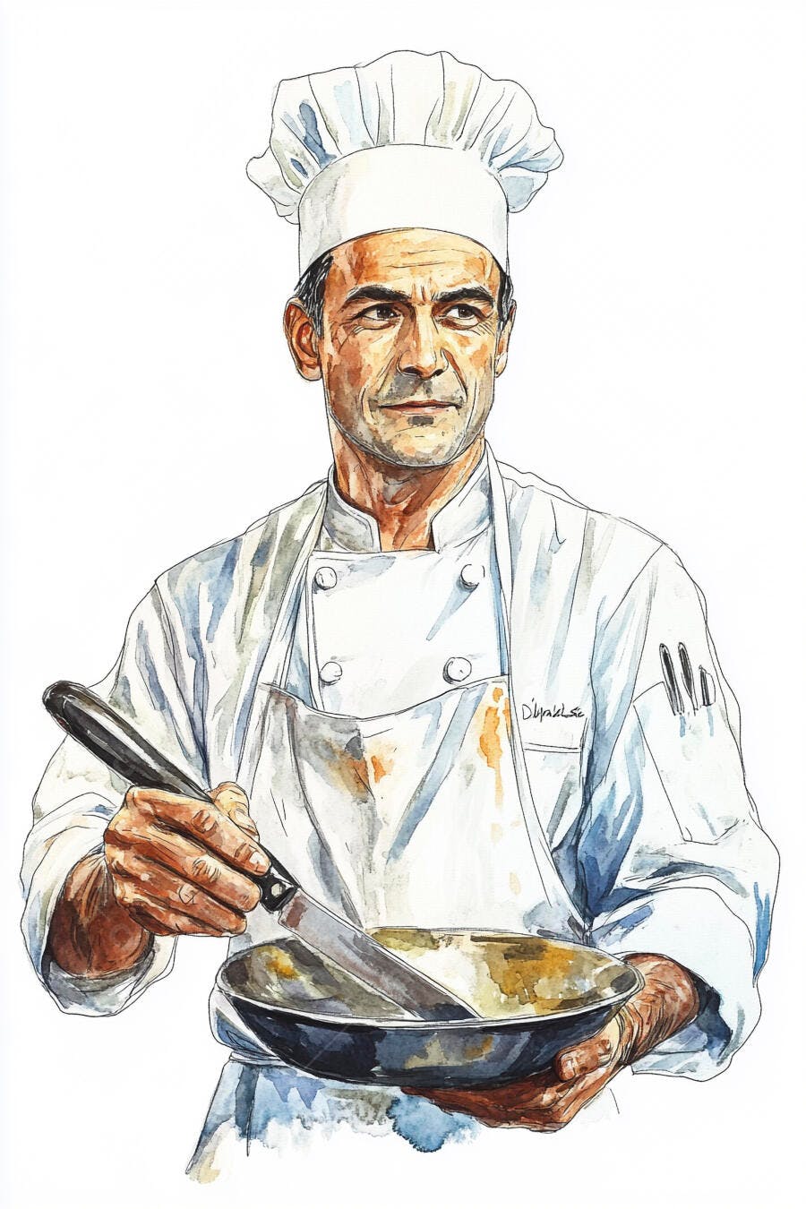 Chef homem caucasiano segurando panela e espátula em ilustração aquarela