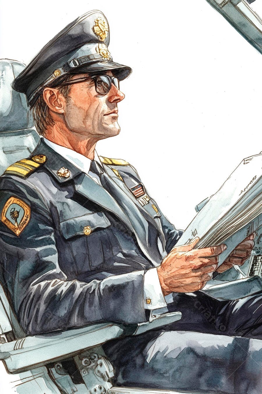 Homem capitão de avião em uniforme azul óculos escuros lendo documentos