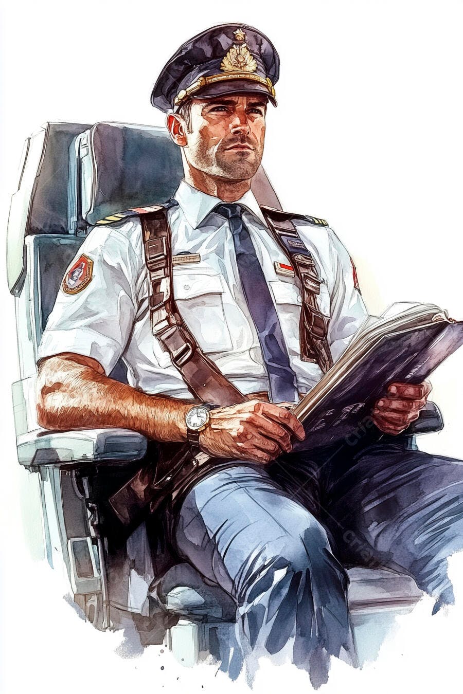 Piloto caucasiano de uniforme azul e branco lendo livro em ambiente de cabine