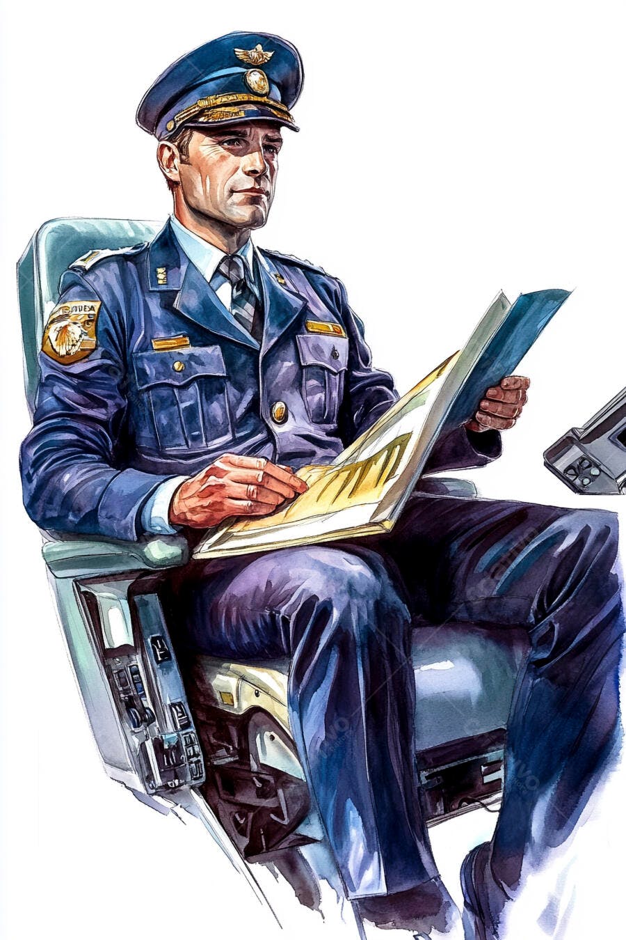 Piloto caucasiano de uniforme azul lendo documentos em cabine de avião