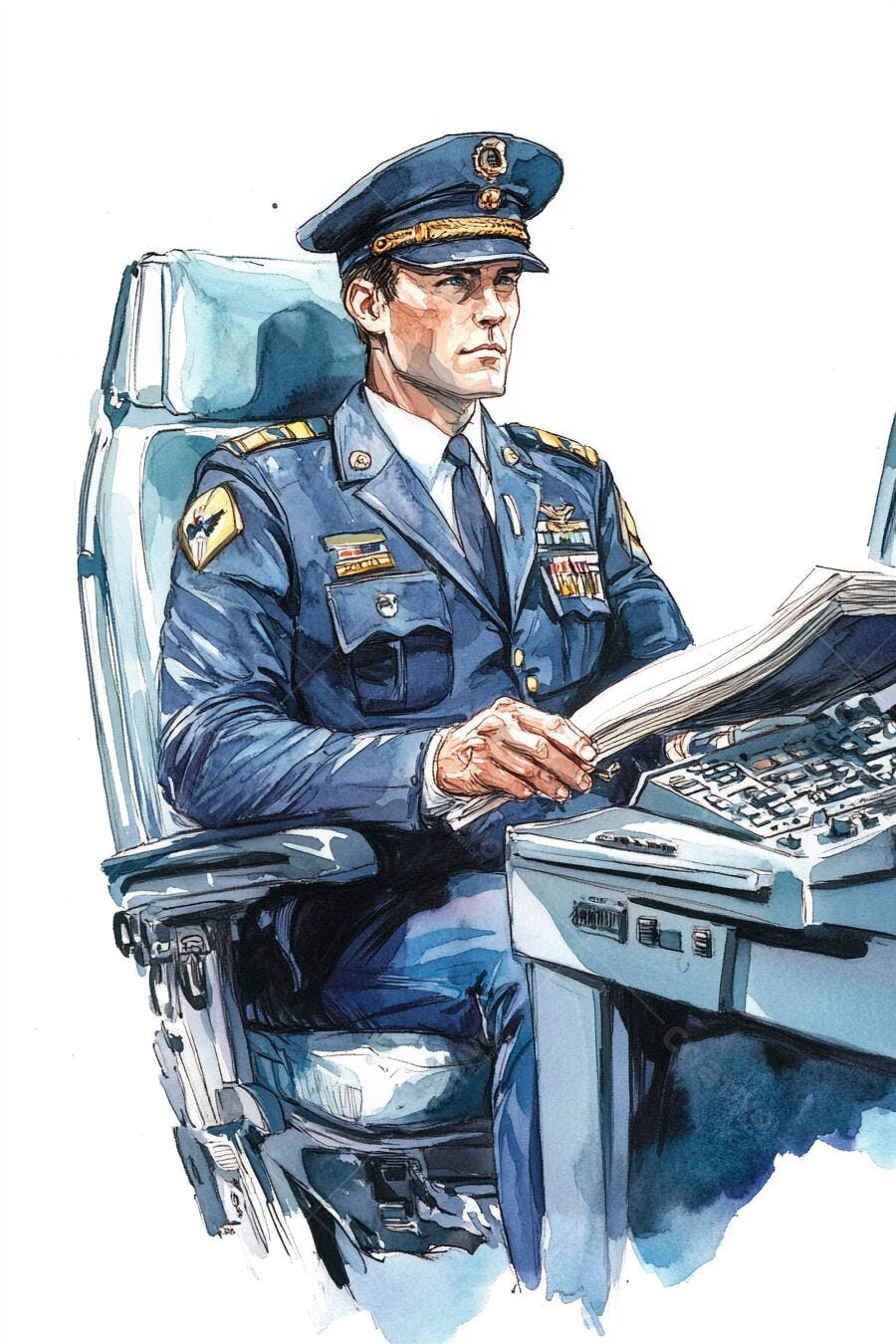 Piloto homem caucasiano em uniforme azul na cabine de avião