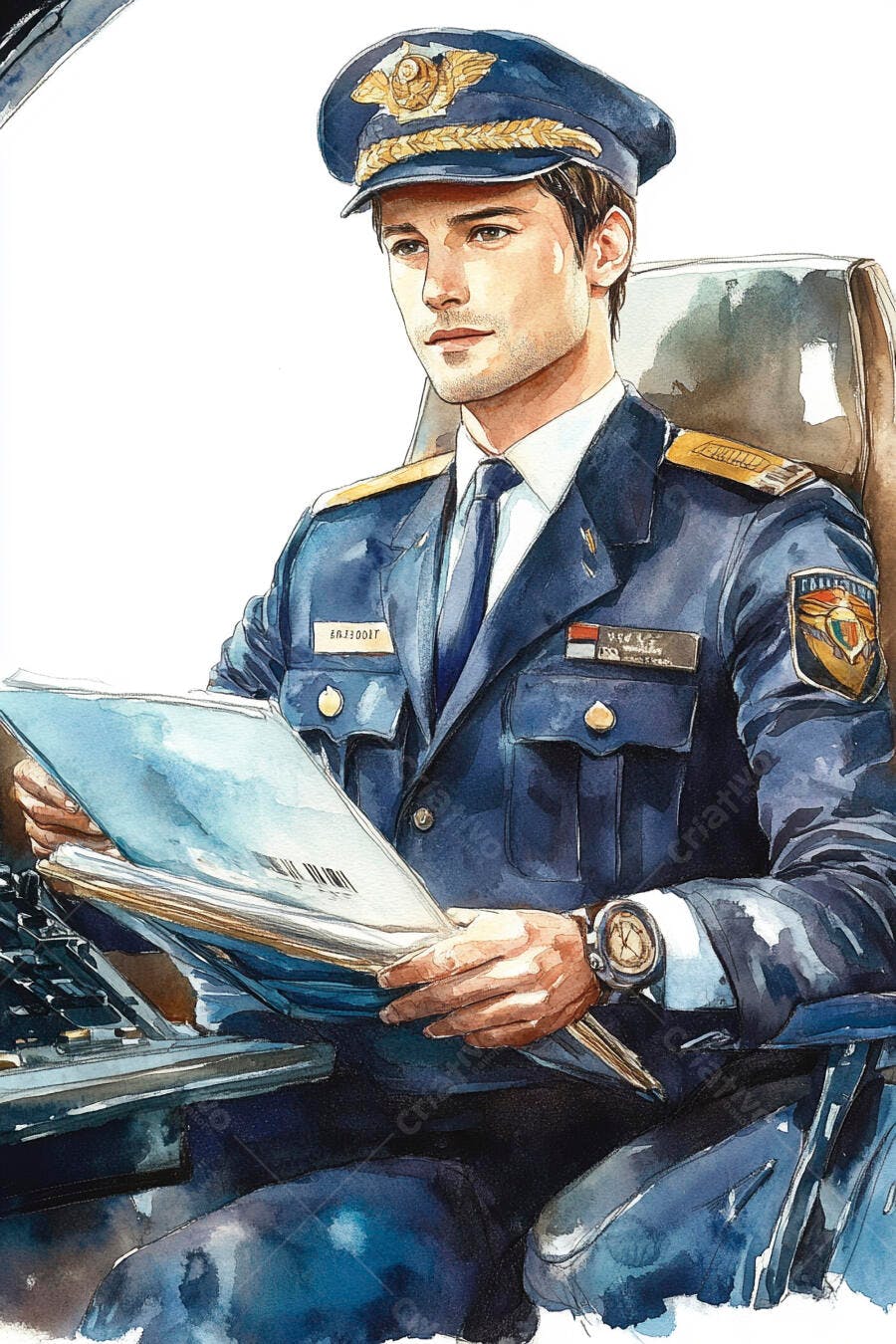 Piloto jovem caucasiano de uniforme azul lendo documentos no cockpit