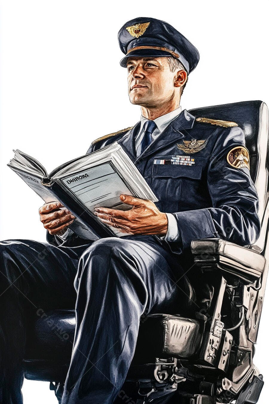 Oficial piloto focado lendo manual em uniforme azul-marinho