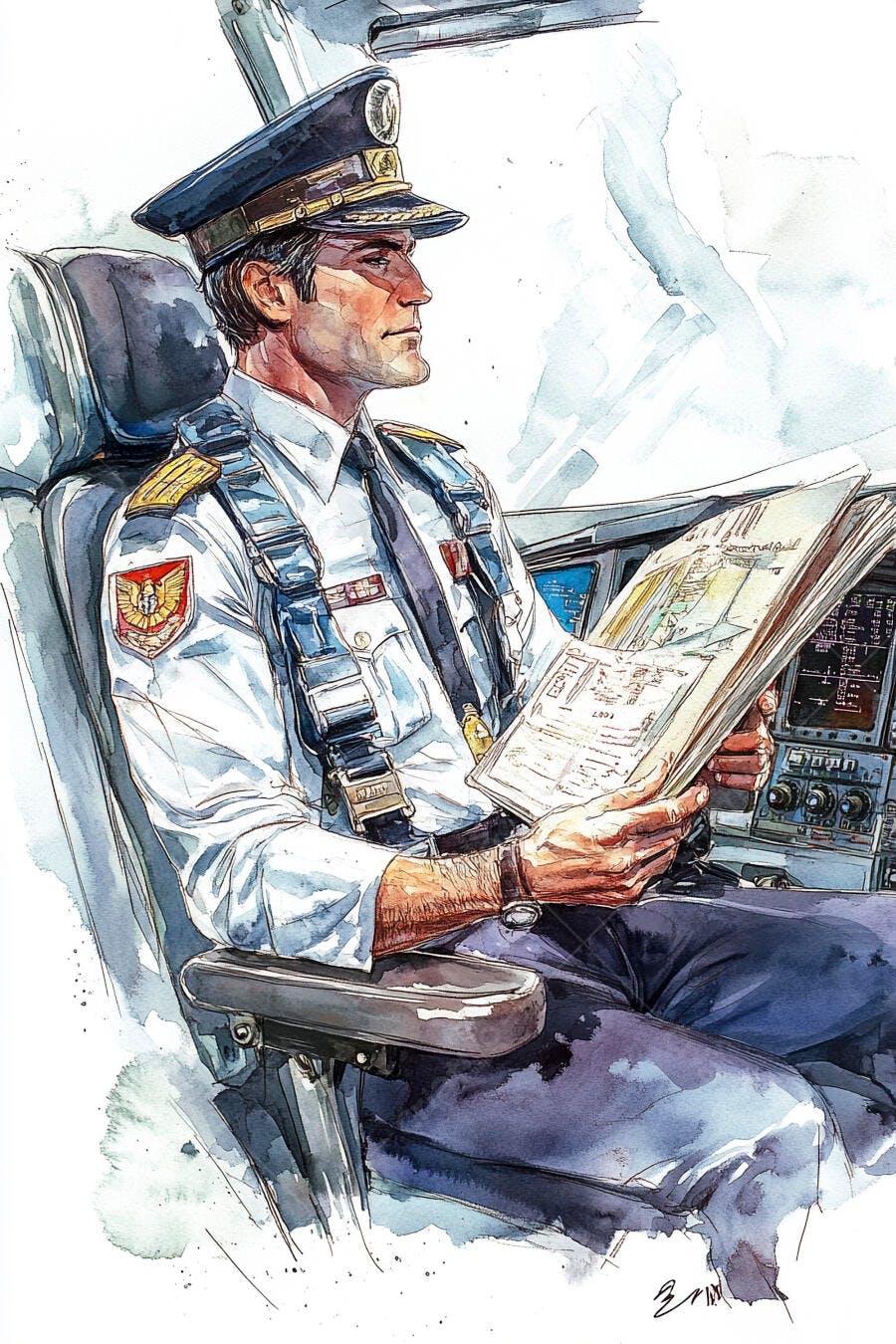 Piloto caucasiano lendo carta de navegação em uniforme azul e branco no cockpit do avião