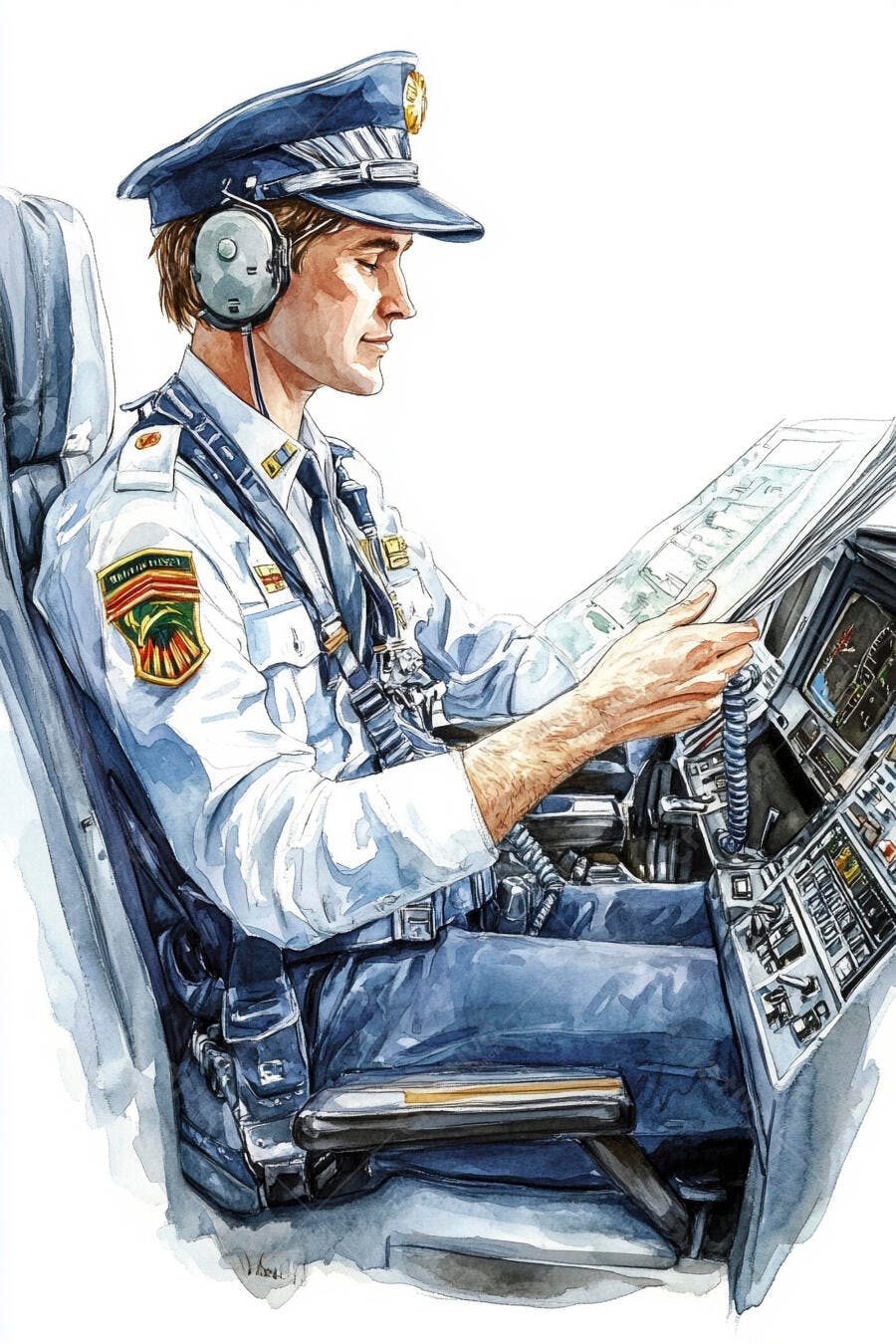 Piloto masculino de uniforme azul lendo mapa na cabine de avião