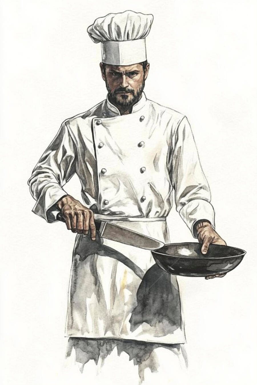 Chef masculino barbudo com uniforme branco segurando faca e frigideira expressão focada