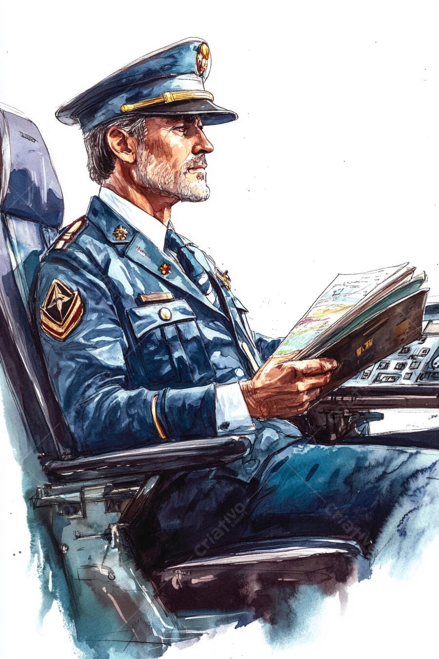 Piloto militar caucasiano lendo mapas de voo em cockpit aquarela