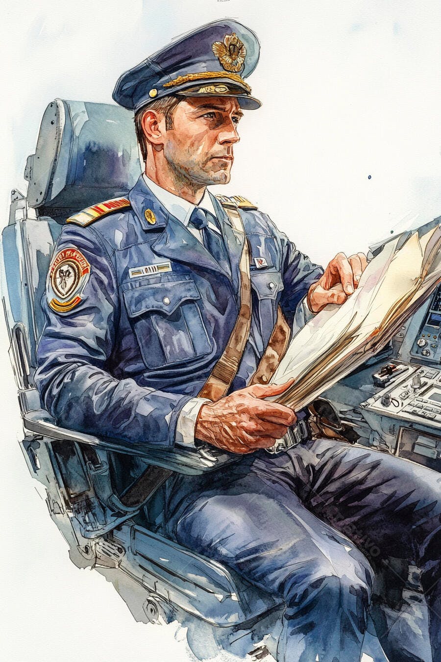 Piloto homem caucasiano de uniforme azul marinho lendo mapa no cockpit