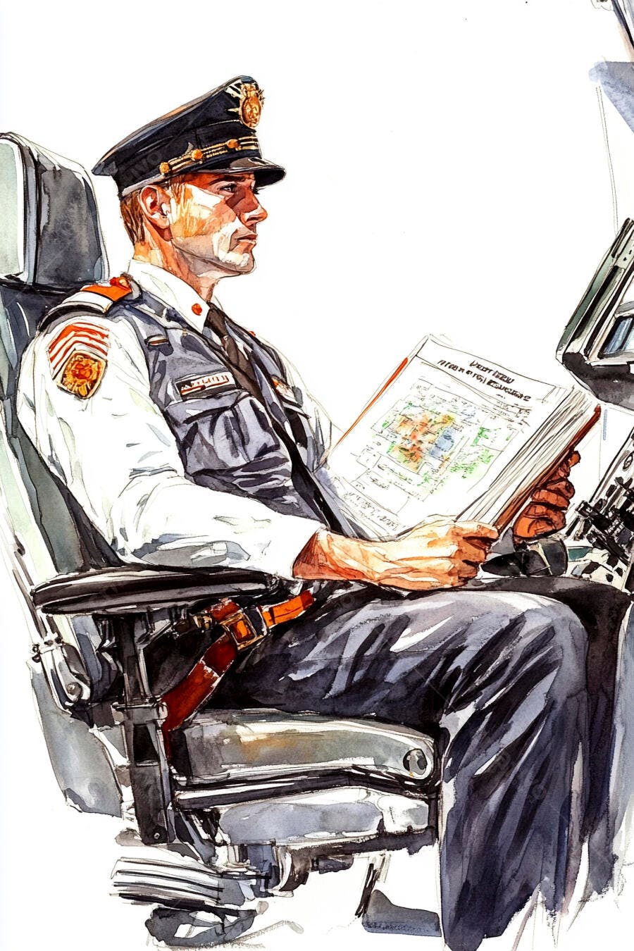 Piloto caucasiano de uniforme azul lendo mapa na cabine de avião