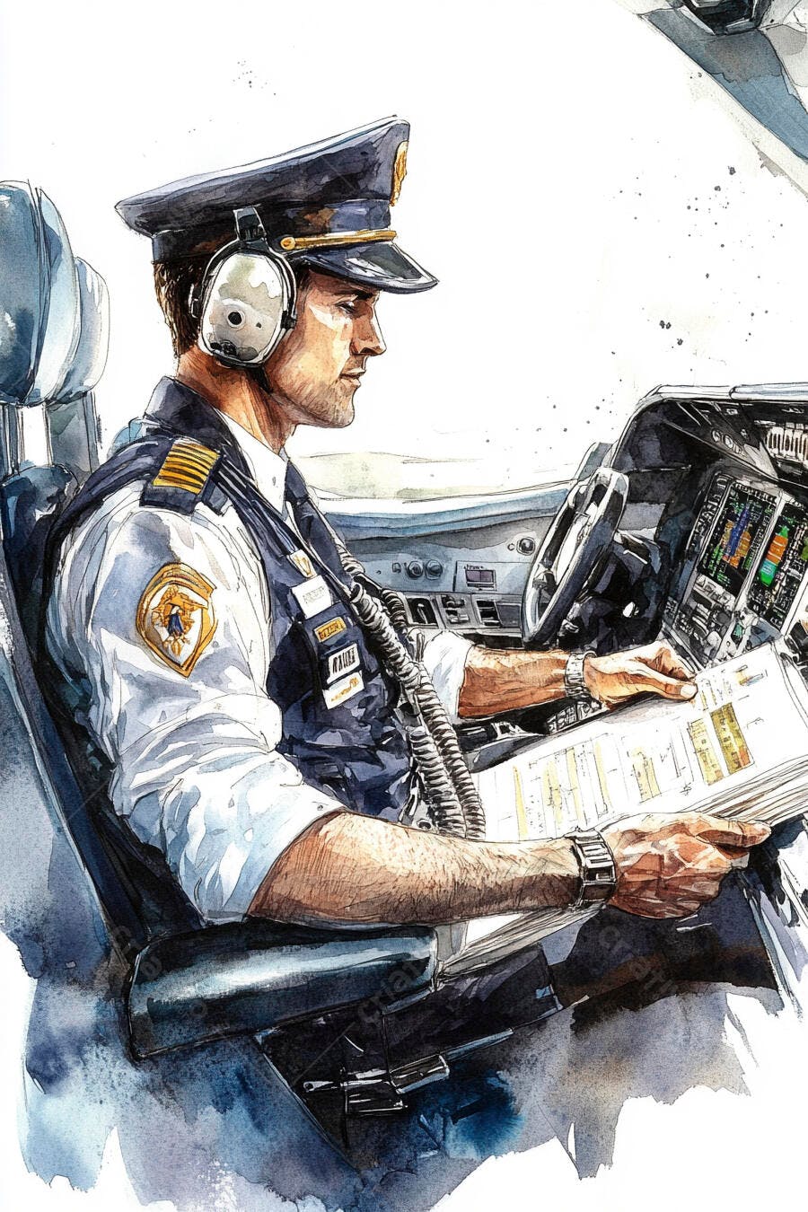 Piloto de avião caucasiano lendo documentos na cabine de comando aquarela