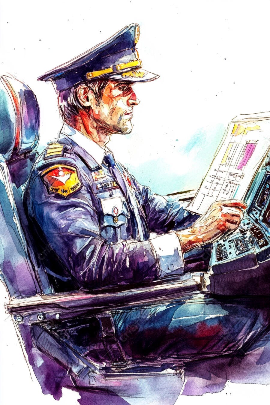 Piloto de avião masculino lendo carta de voo em cockpit estilo aquarela