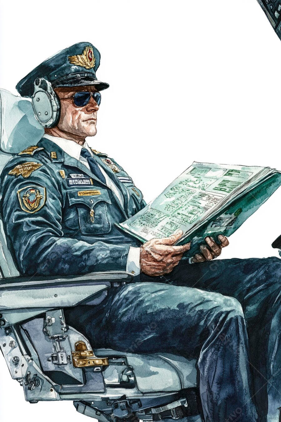 Piloto aviador em uniforme escuro lendo carta de navegação na cabine