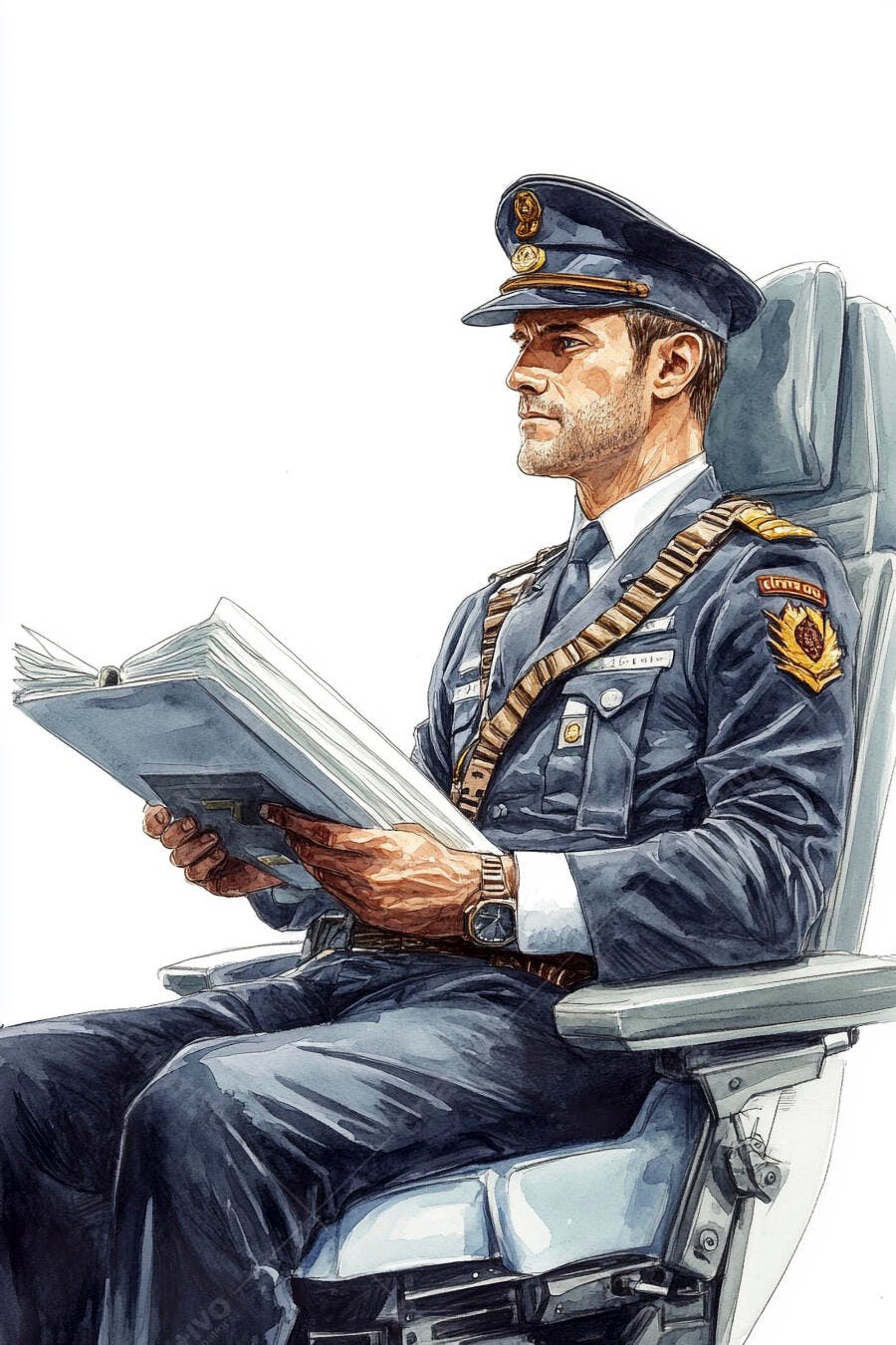 Oficial caucasiano de uniforme azul marinho lendo livro em assento de avião