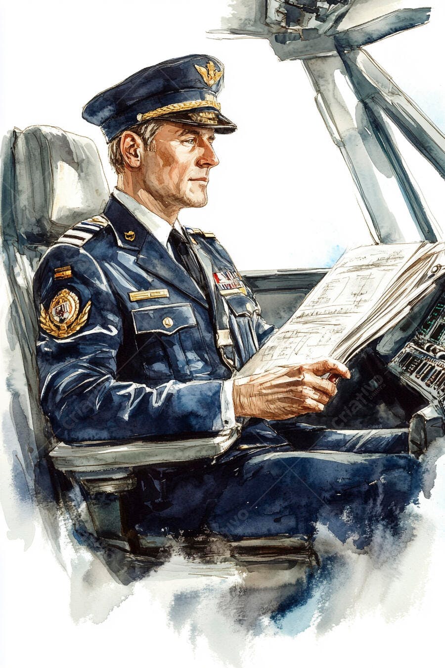 Piloto homem caucasiano de uniforme azul no cockpit lendo documento