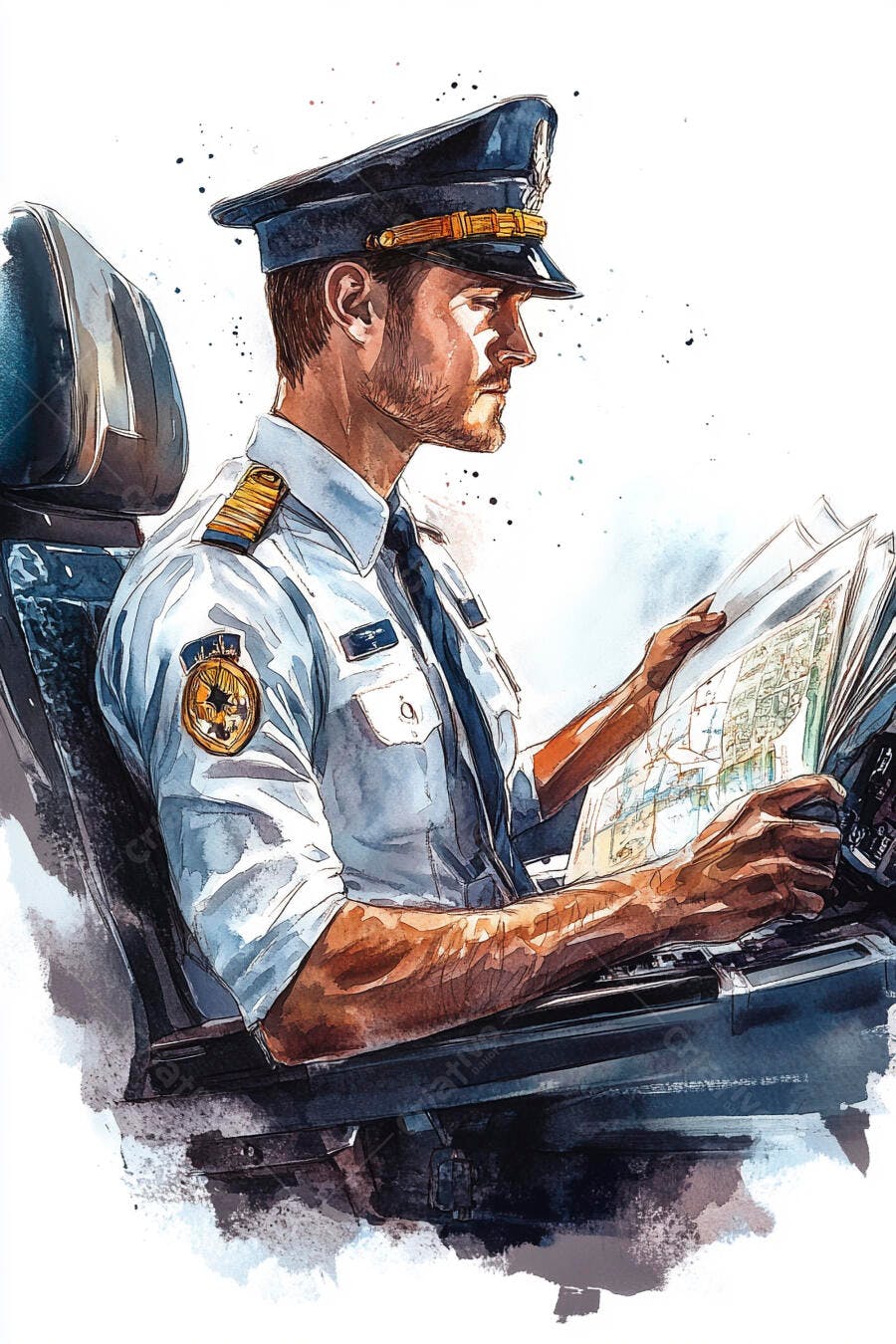 Piloto homem caucasiano estudando mapa de voo em cockpit de avião