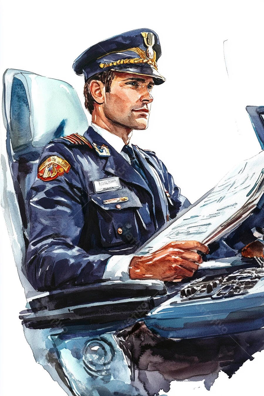 Piloto homem caucasiano de uniforme azul marinho lendo documento na cabine