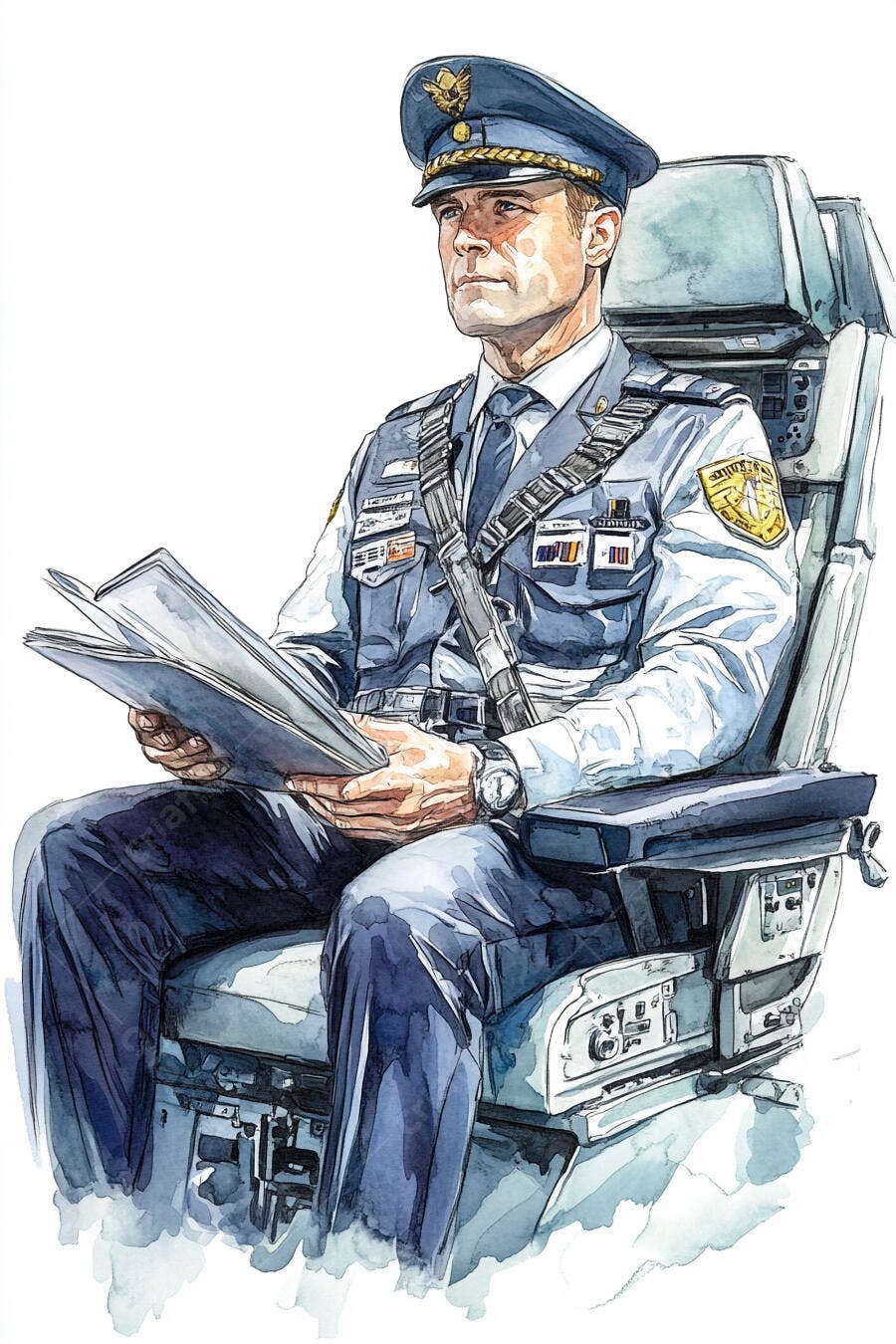 Piloto caucasiano de uniforme azul lendo documentos na cabine de comando