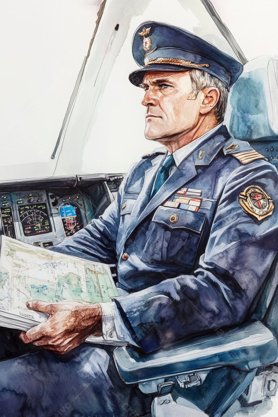Piloto homem caucasiano de uniforme azul em cockpit com mapa aquarela