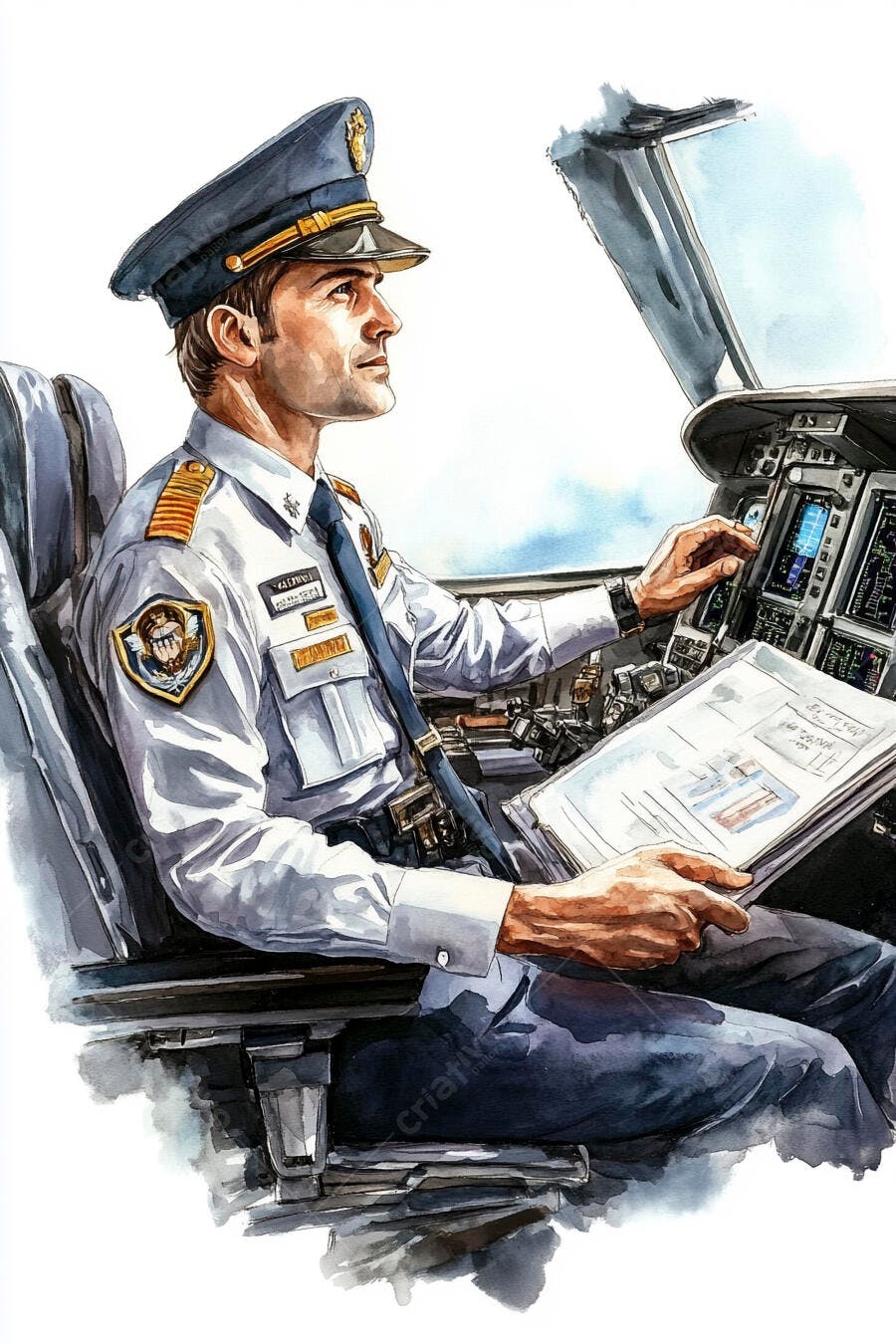 Piloto masculino caucasiano em uniforme branco e azul na cabine do avião