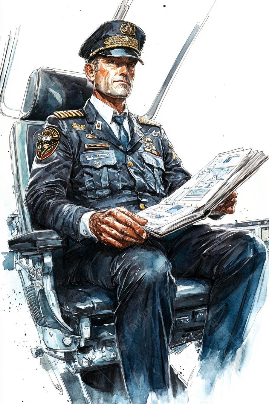 Piloto caucasiano em uniforme azul marinho lendo mapa no cockpit