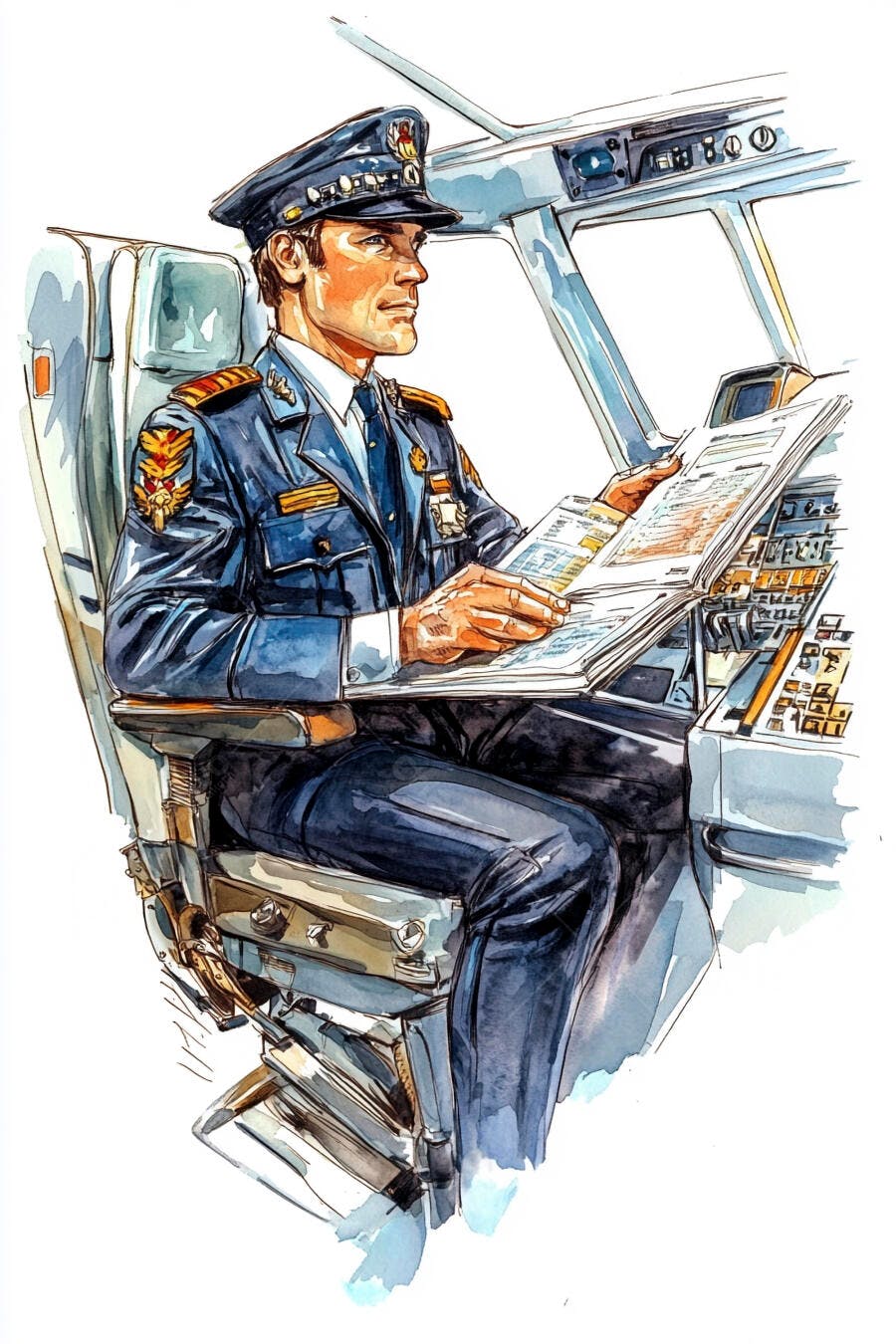 Piloto de avião caucasiano em uniforme azul lendo mapa na cabine