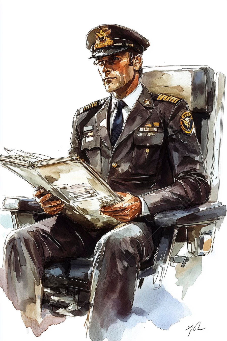 Capitão piloto de uniforme escuro lendo manual em assento de aeronave
