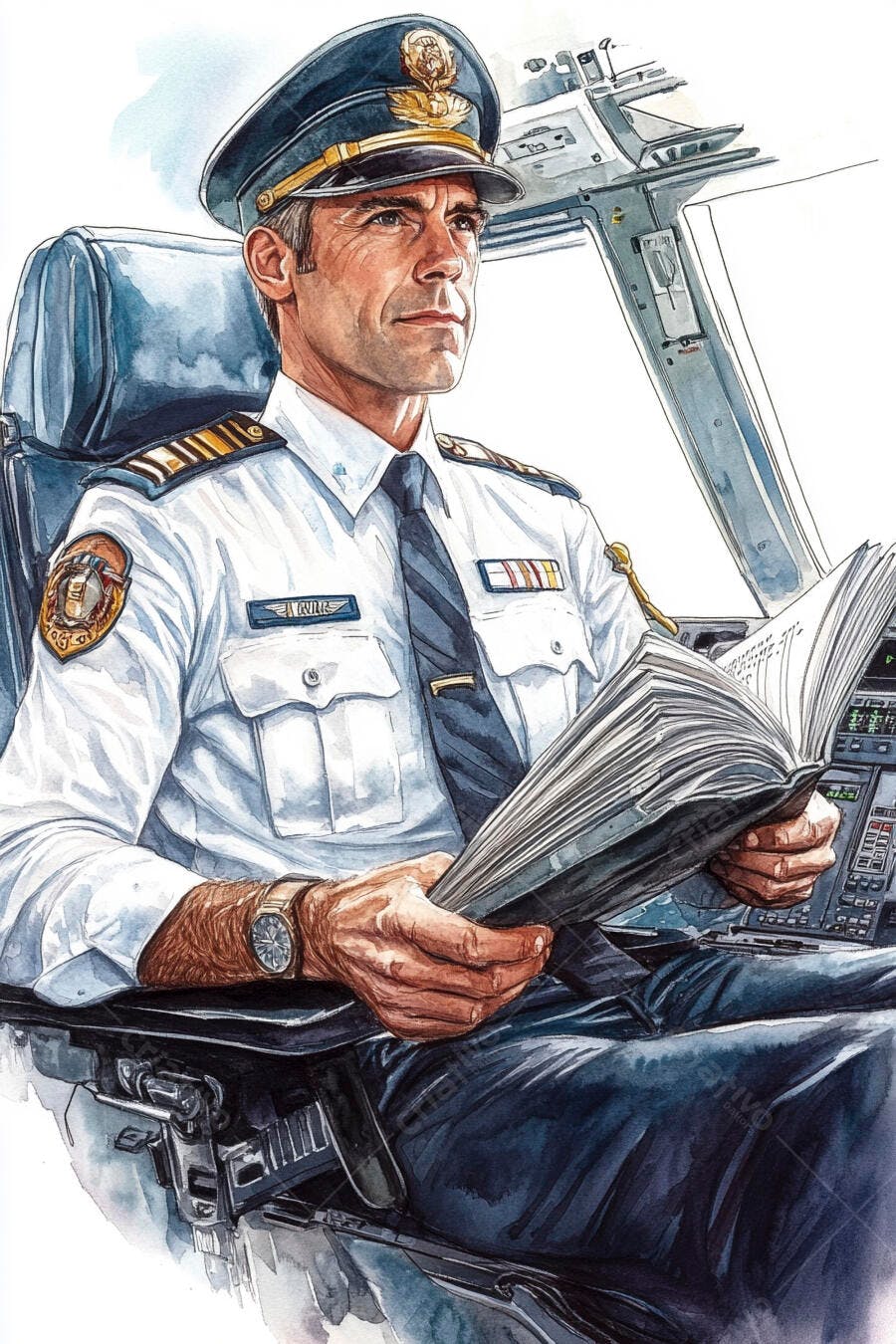 Piloto caucasiano lendo manual na cabine de avião em aquarela