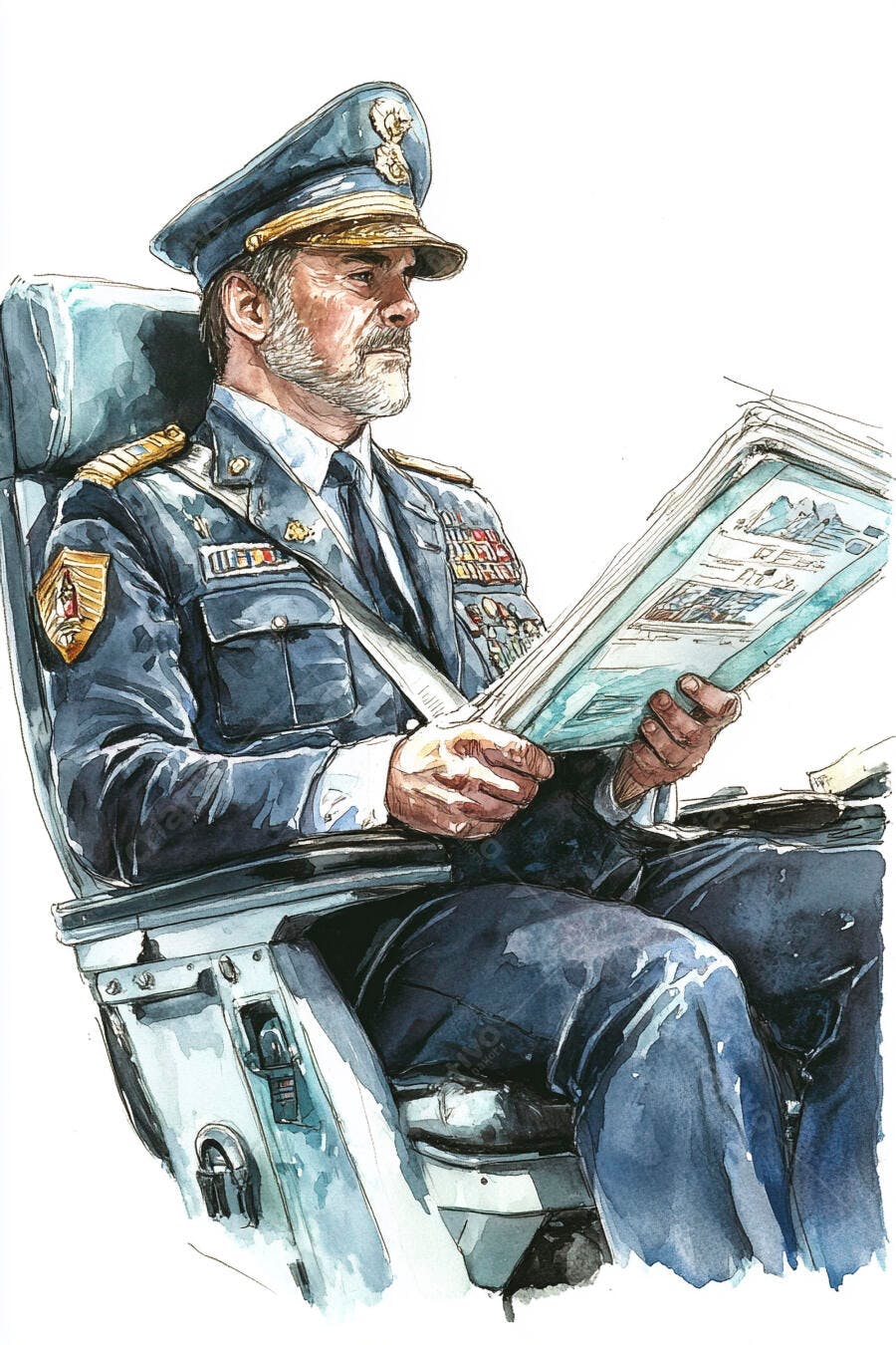 Oficial militar caucasiano de uniforme azul lendo em assento de viagem