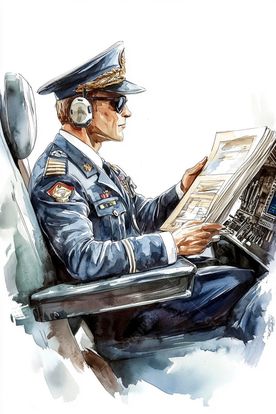 Piloto caucasiano de uniforme azul lendo jornal na cabine com fones e óculos escuros