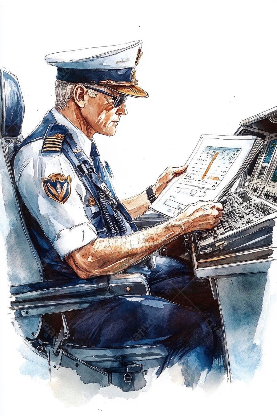 Piloto sênior caucasiano lendo plano de voo em aquarela no cockpit