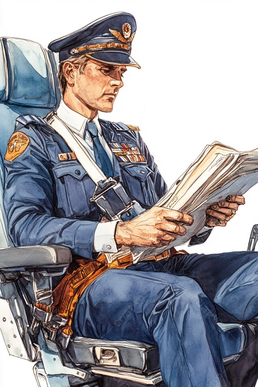 Homem piloto caucasiano de uniforme azul marinho lendo jornal em assento de avião