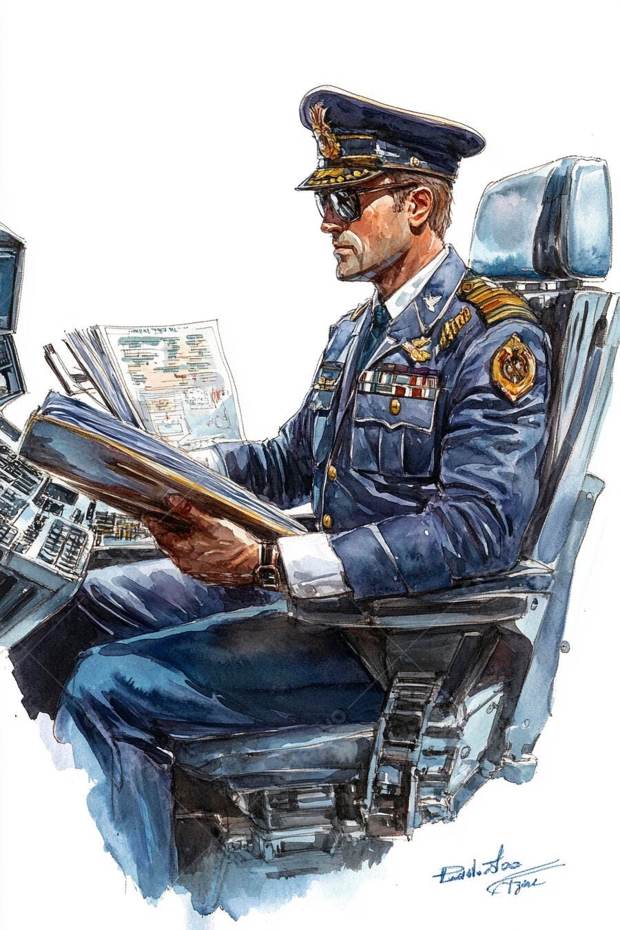 Homem caucasiano piloto militar lendo manual em aquarela