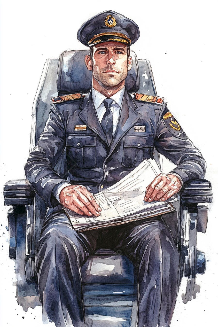 Oficial caucasiano em uniforme azul marinho sentado segurando documentos em aquarela