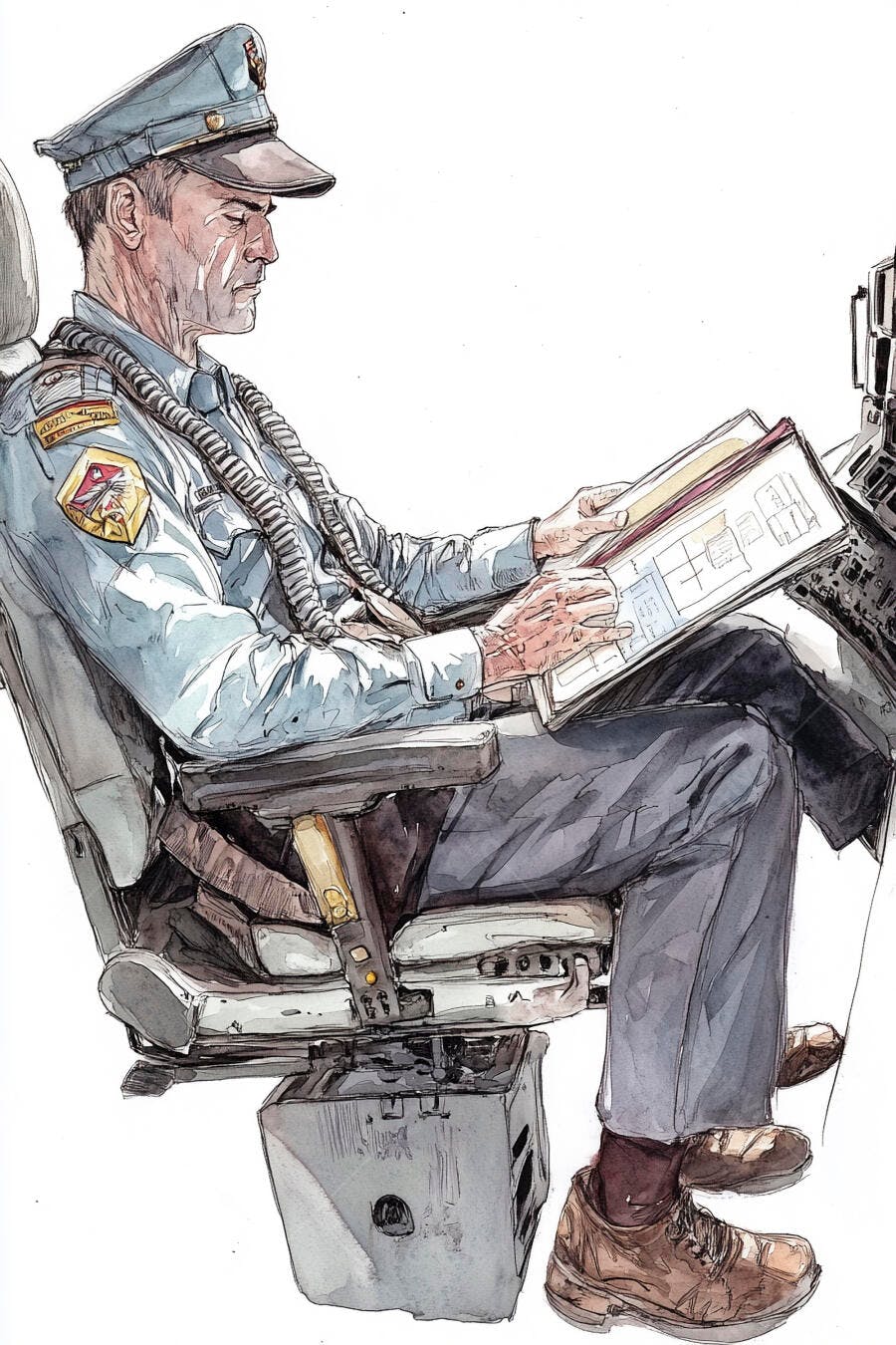 Piloto caucasiano lendo mapa em cockpit de avião