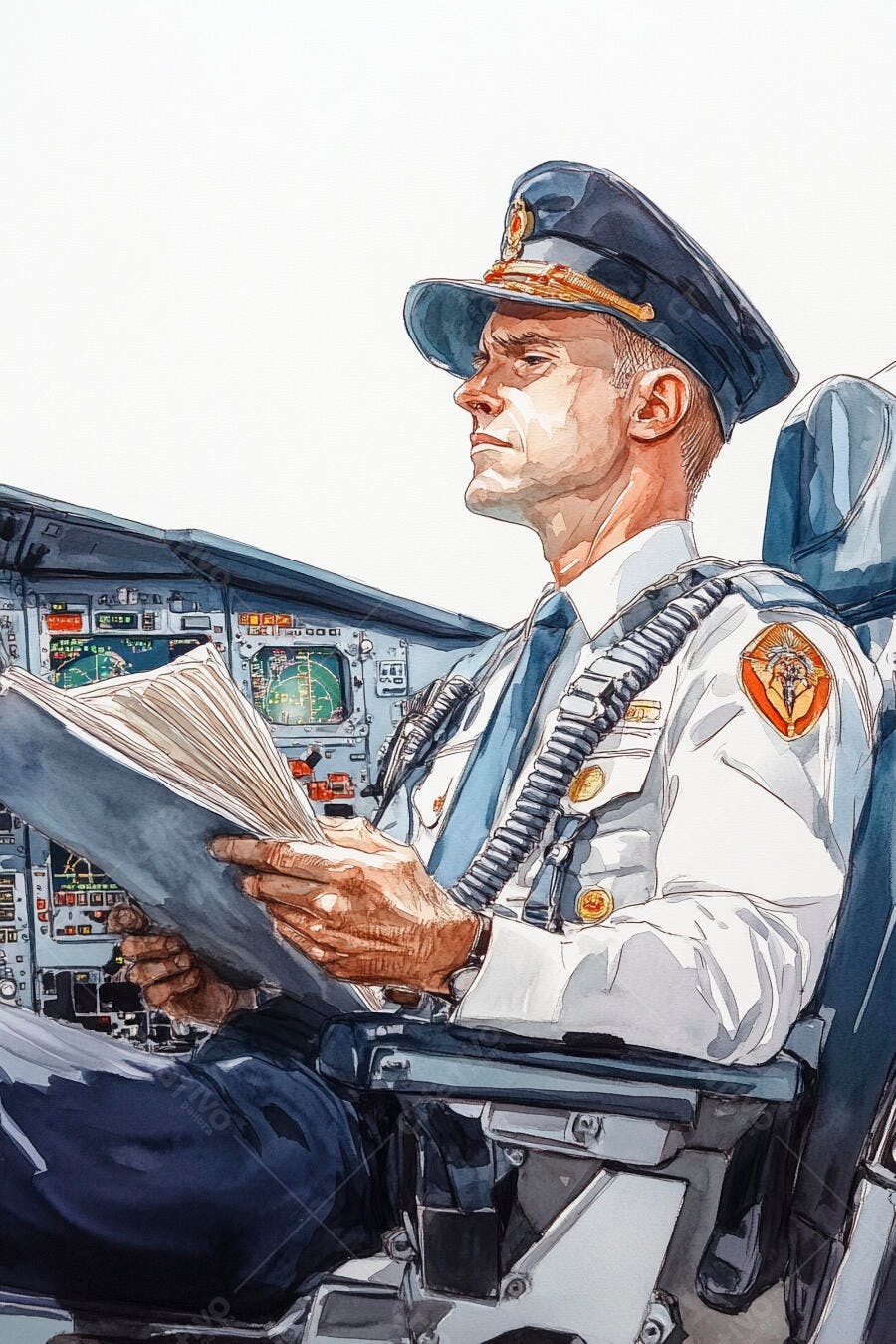 Piloto homem caucasiano de uniforme branco e azul lendo manual no cockpit do avião