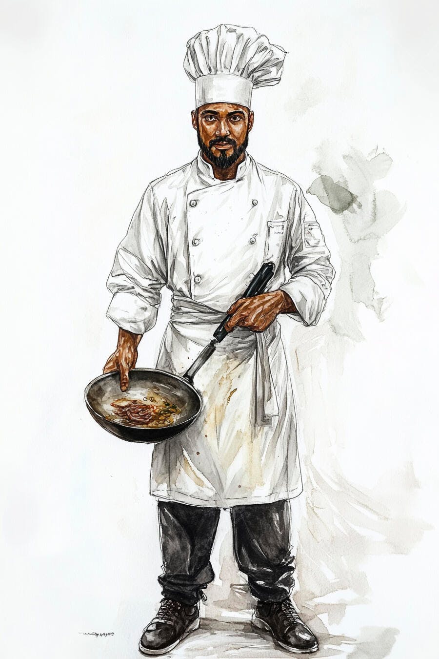 Chef homem barbudo segurando frigideira e espátula em ilustração aquarela