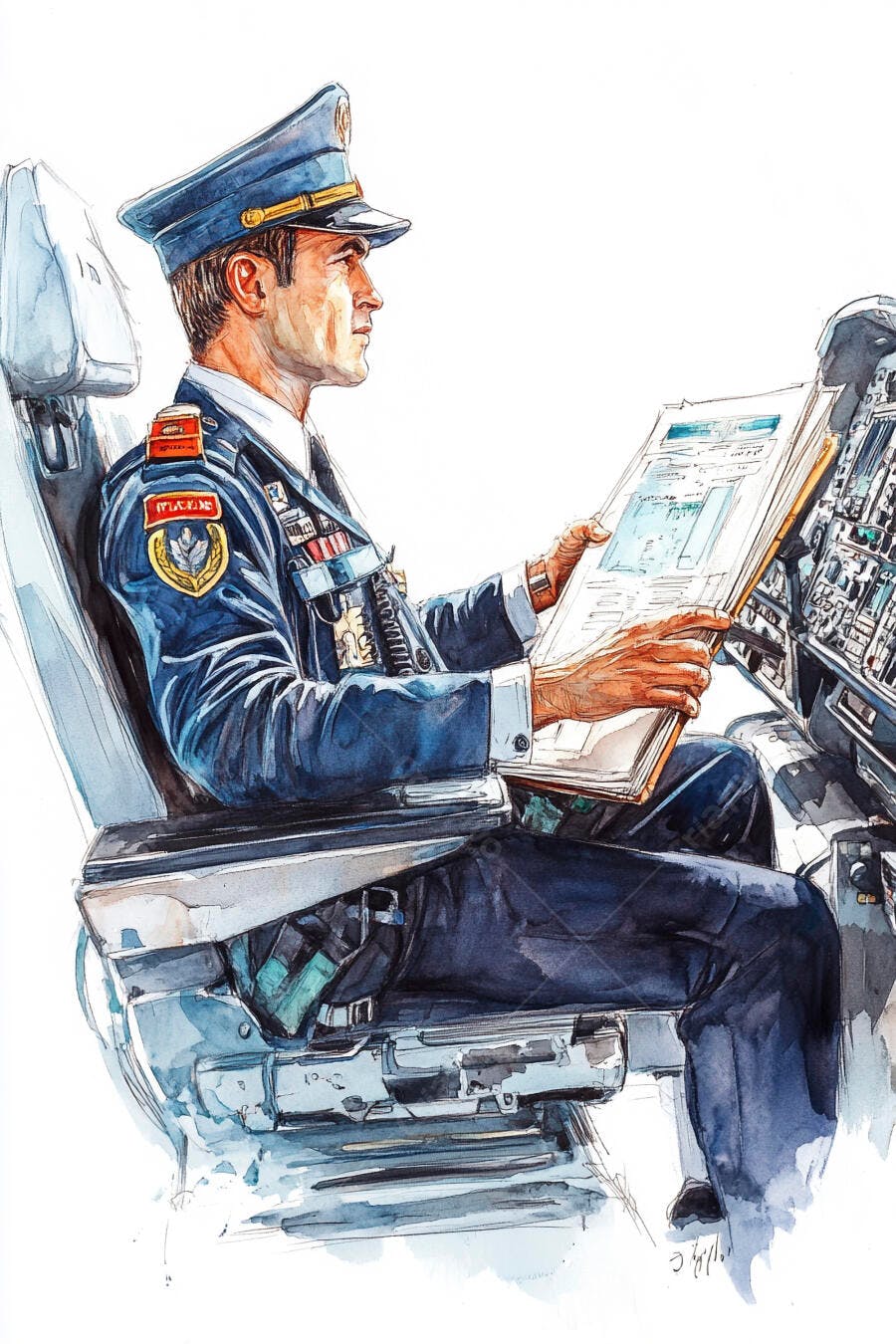 Piloto oficial lendo documentos em cockpit de avião azul marinho