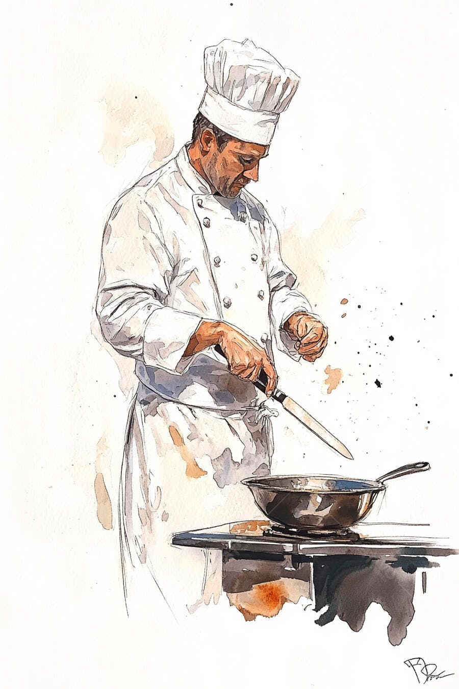 Cozinheiro chef homem caucasiano preparando prato com faca e frigideira aquarela
