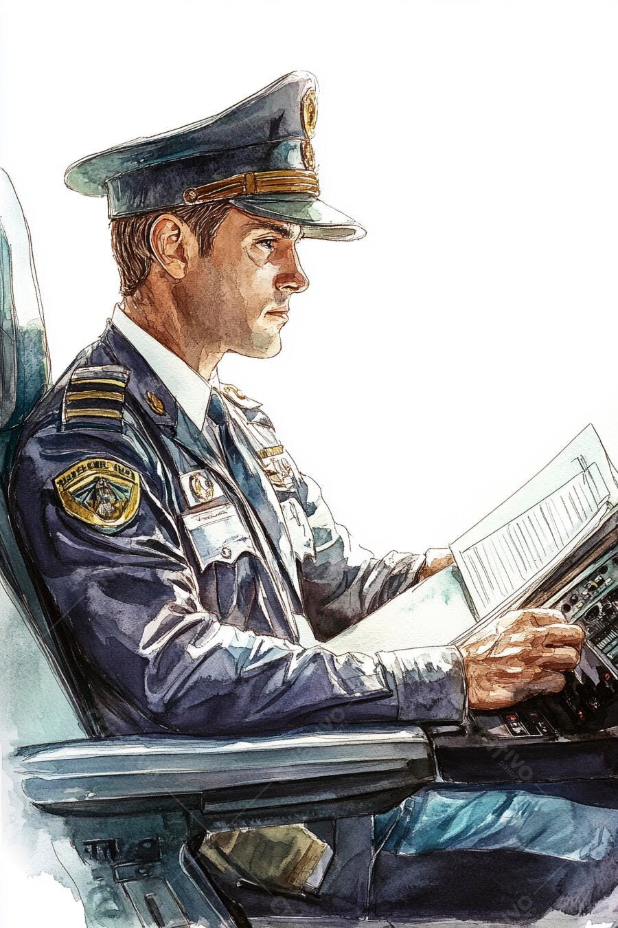 Piloto caucasiano focado lendo checklist em cabine de avião uniforme azul
