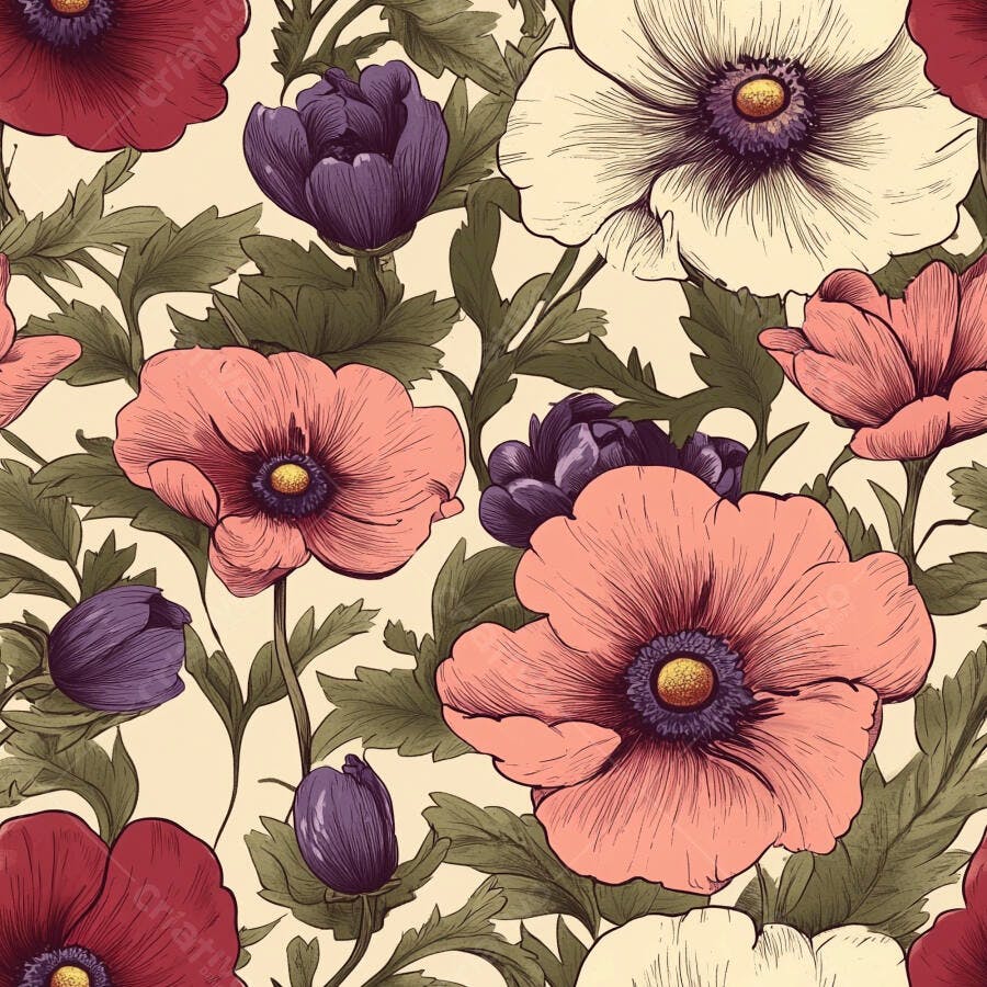 Padrão floral papoulas rosas vermelhas roxas fundo creme ilustração vintage